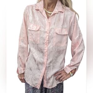 Vintage 80s Pink Floral Jacquard Satin Blouse Size 10 USA